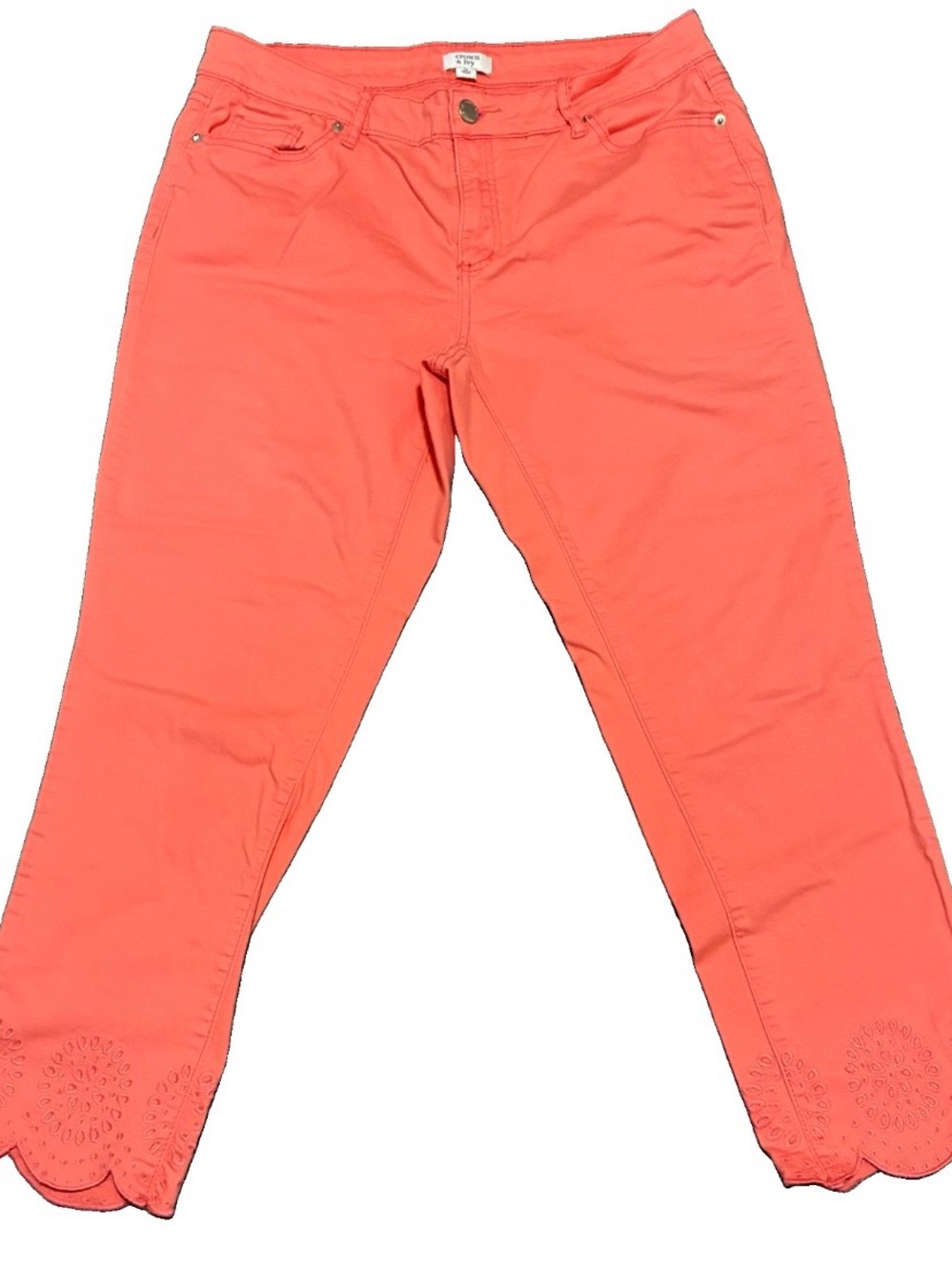 Crown & Ivy Women’s Coral Cropped Pants Size 12 Scalloped Embroidered Hem
